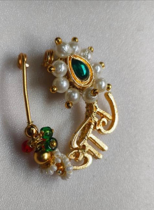 ✨ Traditional Maharashtrian Pearl Nath 🌿💚 | Gold-Tone Bridal Nose Pin 👑💫
