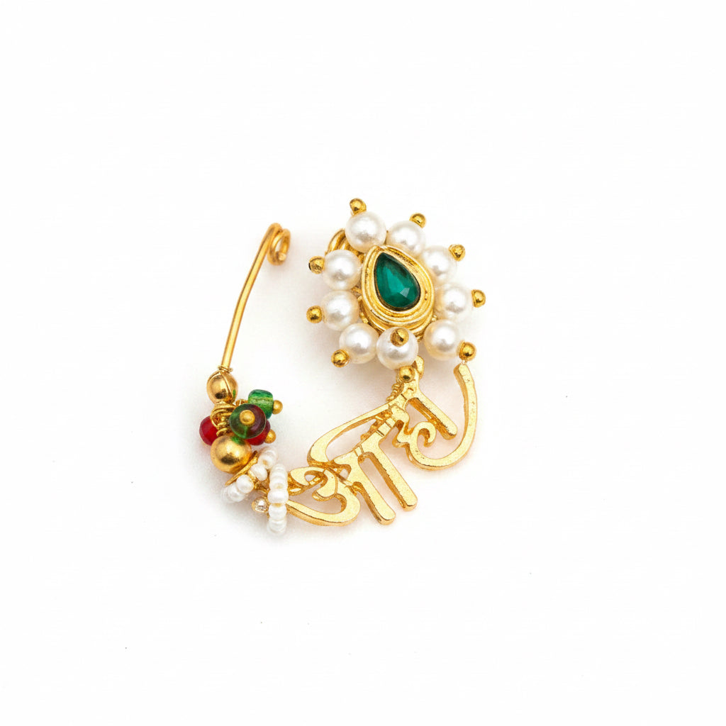 ✨ Traditional Maharashtrian Pearl Nath 🌿💚 | Gold-Tone Bridal Nose Pin 👑💫