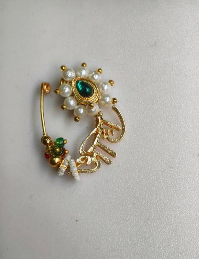 ✨ Traditional Maharashtrian Pearl Nath 🌿💚 | Gold-Tone Bridal Nose Pin 👑💫